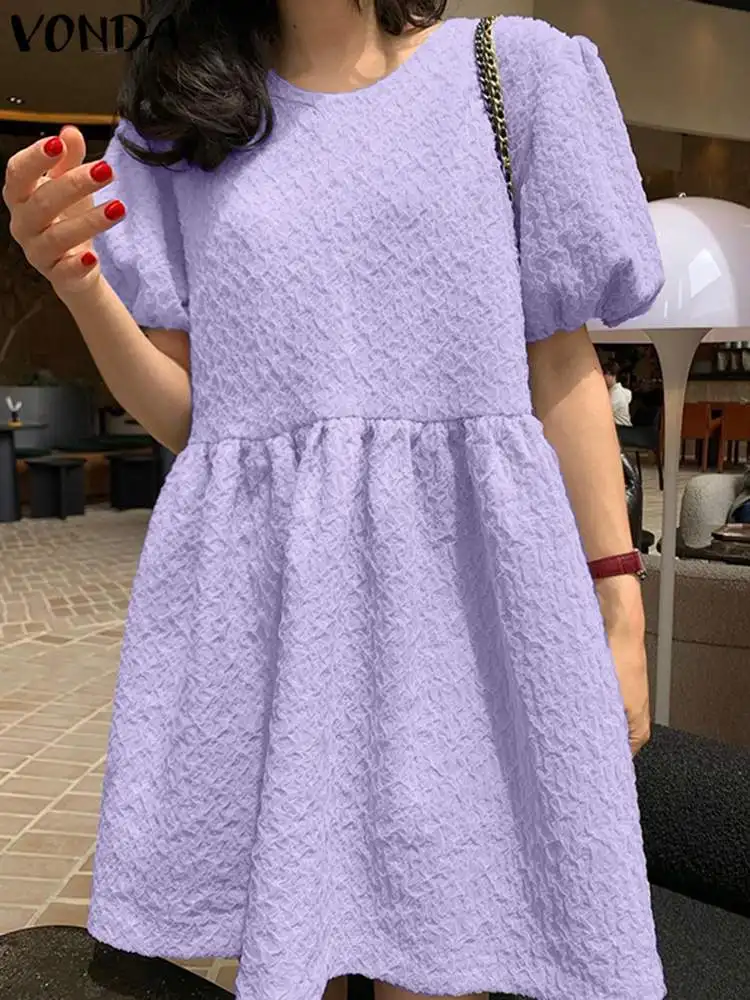 

Женское летнее Мини-Платье VONDA с коротким пышным рукавом 2023, элегантный сексуальный однотонный Повседневный Сарафан с круглым вырезом, богемный стиль, женское пляжное платье