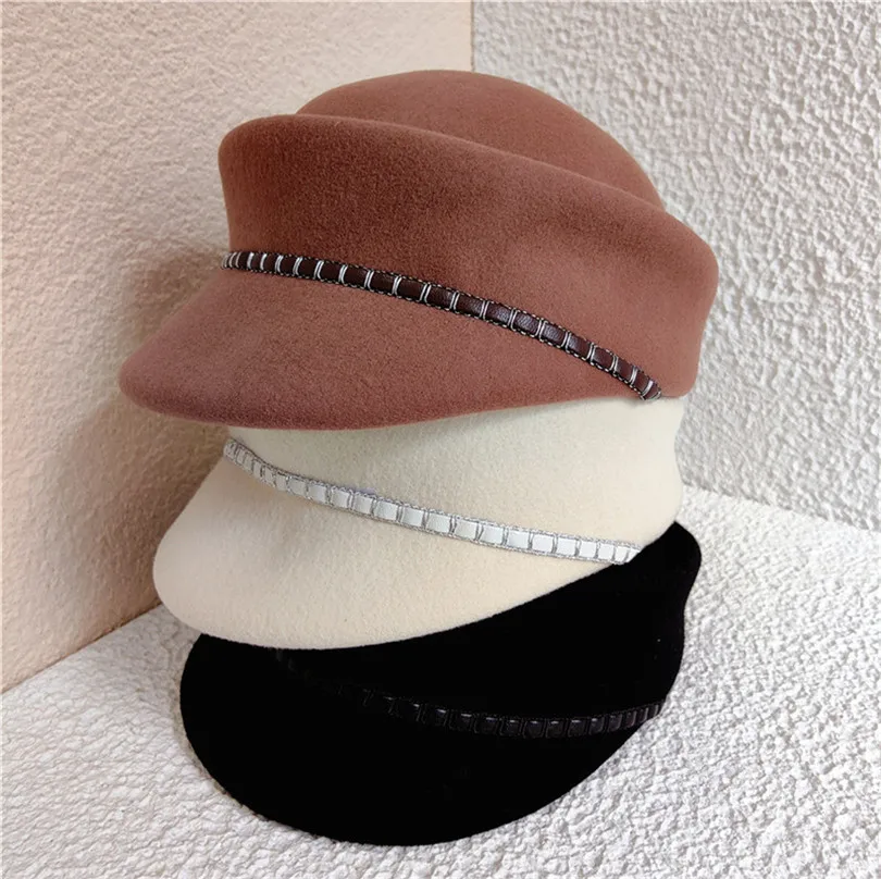 

202308-XL chic ins dropshipping street winter belt chain wool felt lady Equestrian cap women leisure visors hat