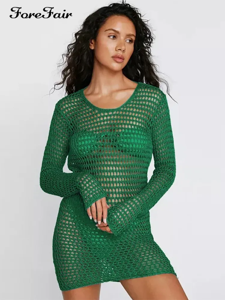 

Forefair летнее Бандажное пляжное платье с открытой спиной для вечерние НКИ клуба с длинным рукавом ажурные прозрачные обтягивающие платья жен...