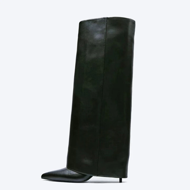 

Sexy Thin High Heel Pointed Toe Shoes Stiletto Pants Boots Women's Folded Over Knee High Black Big Size 35-43