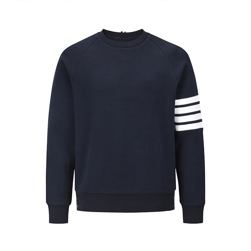 

TB THOM Men's 2022 Luxury Brand Tops Navy Waffle Cotton 4-Bar Stripe Crew Neck Pullover Korean Design Sweatshirts