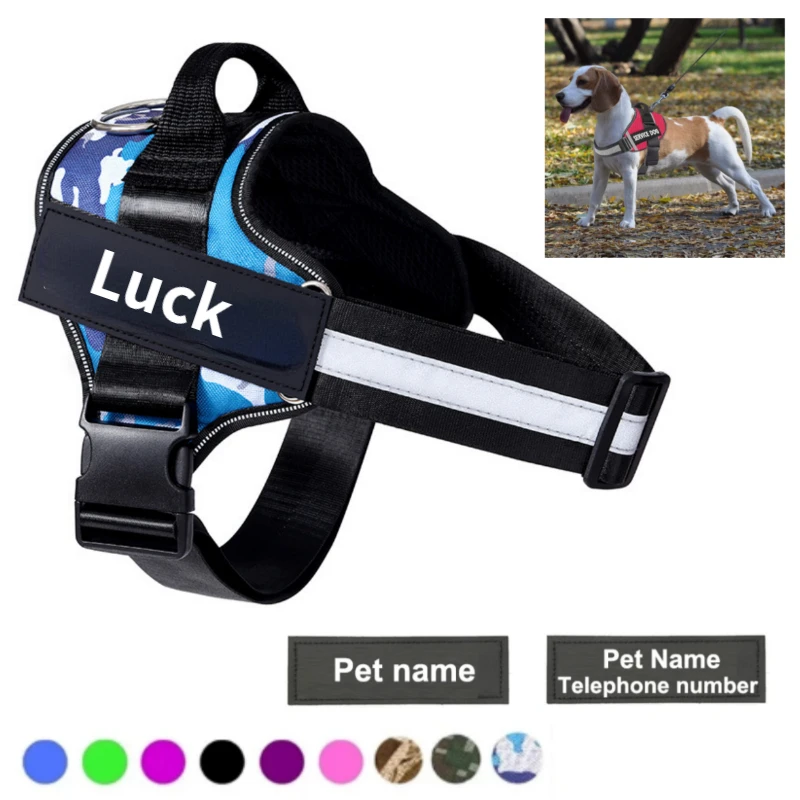 

Dog Harness No Pull Reflective Breathable Pet Harness With Name For Dogs Custom Patch Adjustable Outdoor Walking Dog Supplies