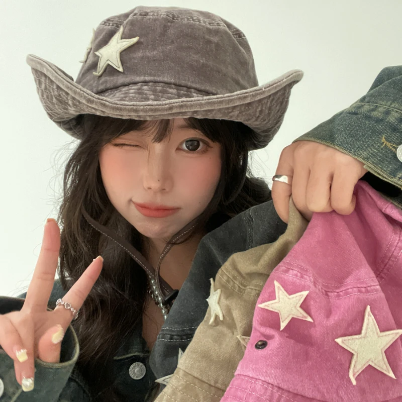 

Y2K Punk Bucket Hats Women 2023 Pink Stars Retro Big Brim Sun Protection Mountaineering Cap Spring And Summer Outdoor Men's Hat