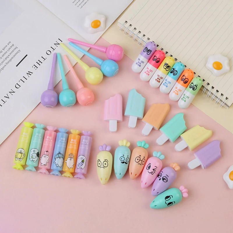 6Pcs/Lot Cute Cartoon Cat Highlighters School Office Stationery Students Drawing Supplies Kawaii Ice Cream Mini Paint Marker Pen
