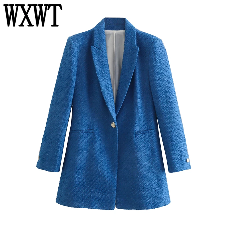 

WXWT Women Solid Tweed Long Blazers Vintage Notched Collar Single Button Outerwear Ladies High Street Tops CD8406
