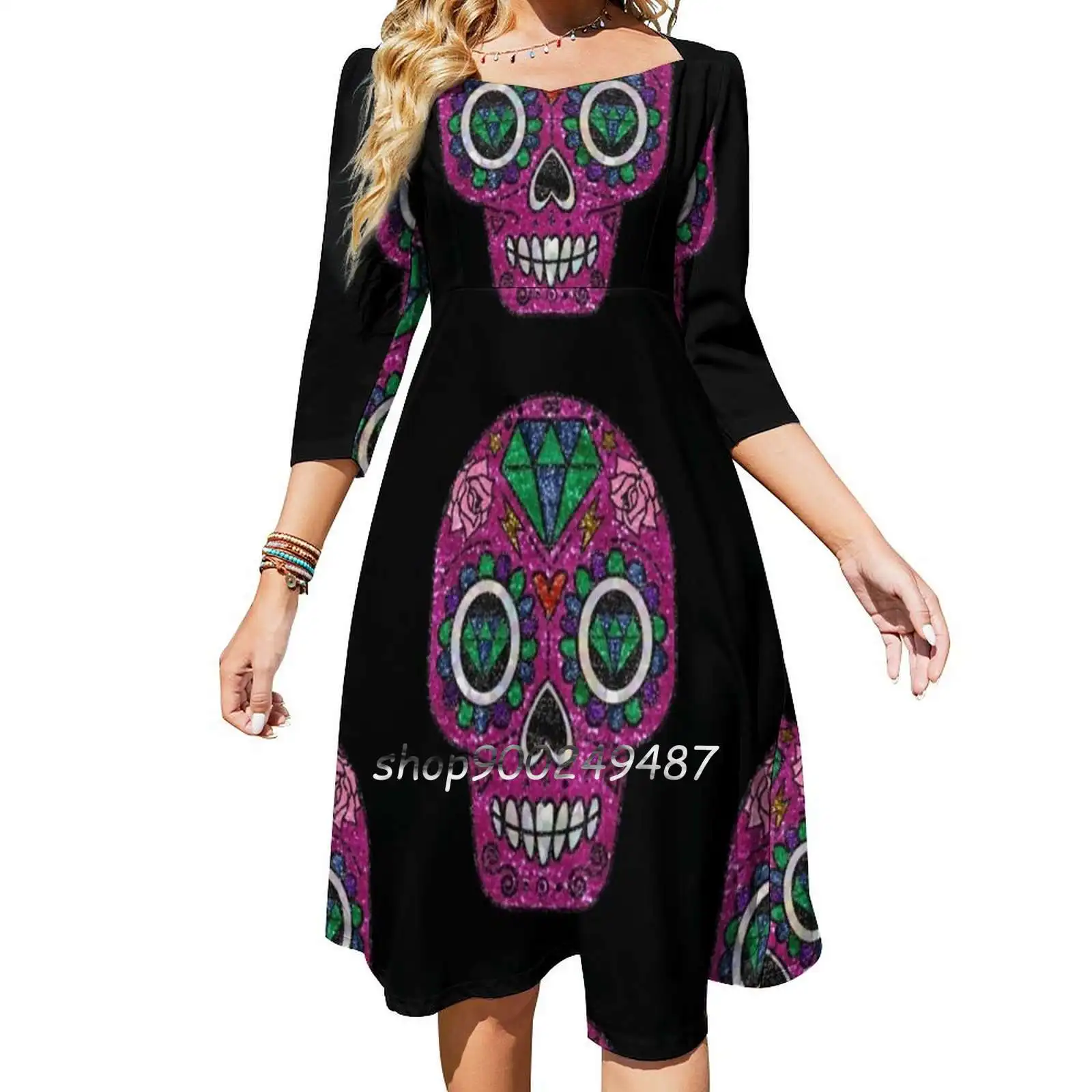 

Pink Glitter Sugar Skull Square Neck Dress New Plus Size Elegant Women Waist Tight Dress Pink Glitter Sugar Skull Pink Sugar