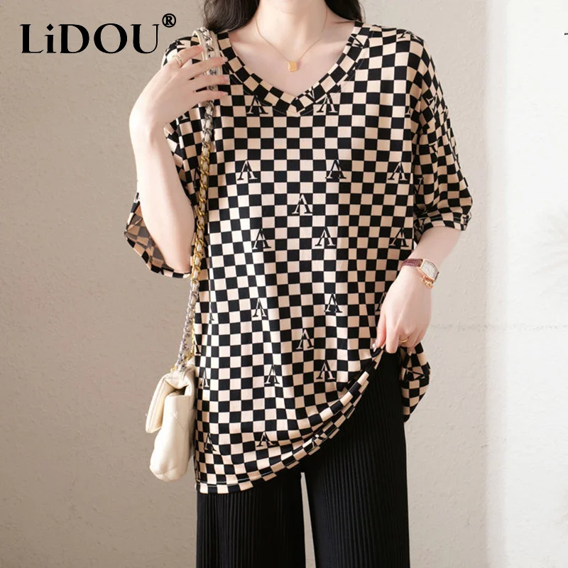 

Summer Fashion Ice Silk Vintage Plaid Print Oversized Loose Casual Pullover Tops Women V-neck Popularity Tee Female T-shirts