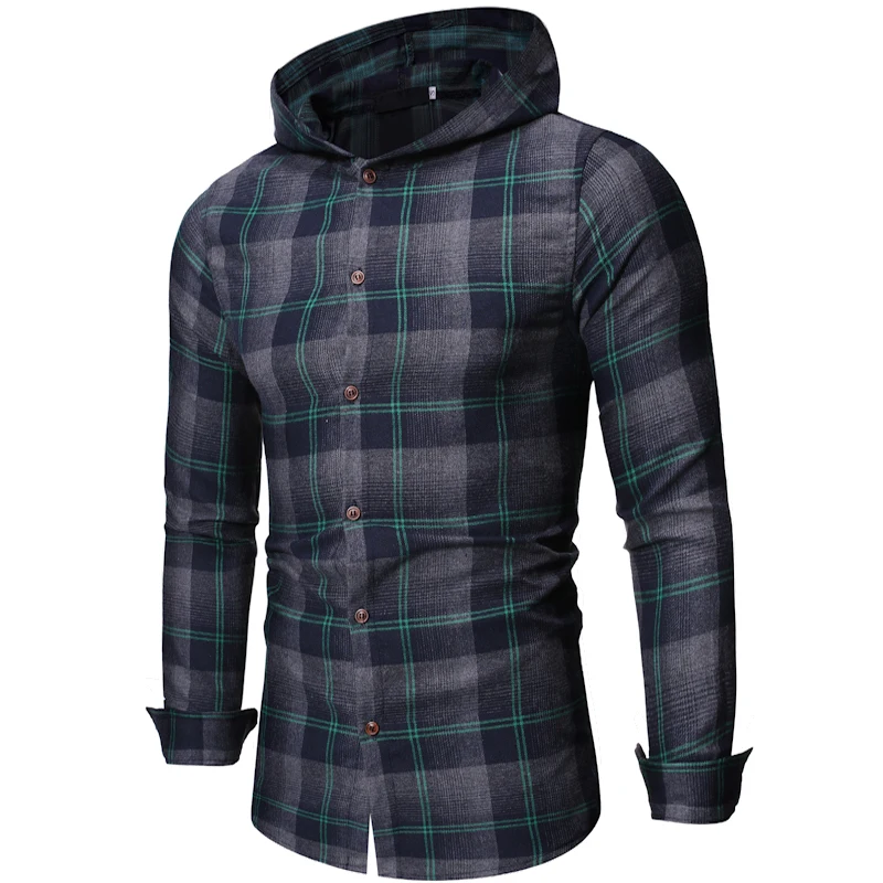 

Mens Fashion Plaid Hooded Shirt Casual Long Sleeve Slim Shirts Button Up Blouse