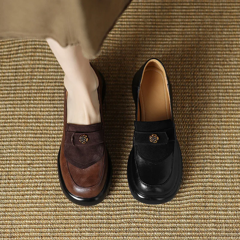 Phoentin Ретро дизайн глубокий рот платформа LoafersAutumn Зимние Туфли на среднем каблуке