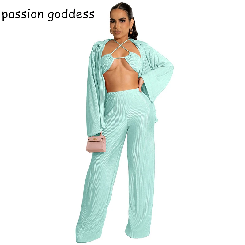 

Женский пикантный комплект из 3 предметов, Кардиган с длинным рукавом, топ с бретелькой через шею и свободные широкие брюки с высокой талией, повседневная одежда, 2022