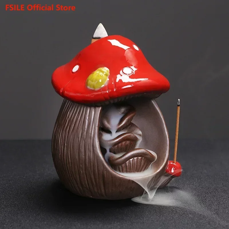 

FSILE Reflux Incense Stove Insertion Aromatherapy Stove Household Craft Decoration Red Mushroom Ceramic Reflux Incense Stove
