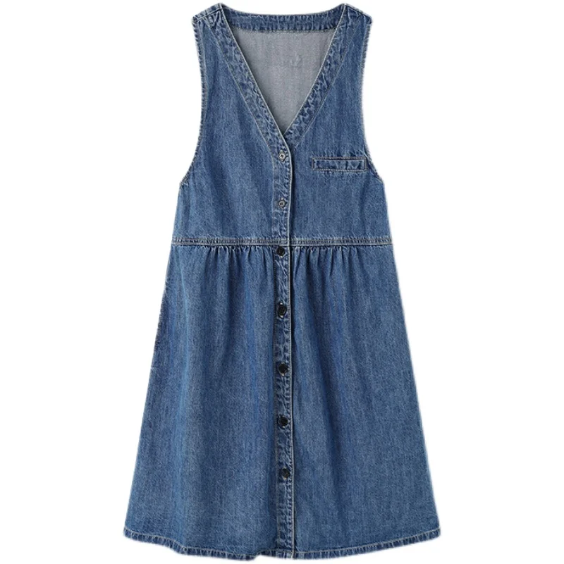 

Fashion summer new retro slim pocket button denim strappy dress