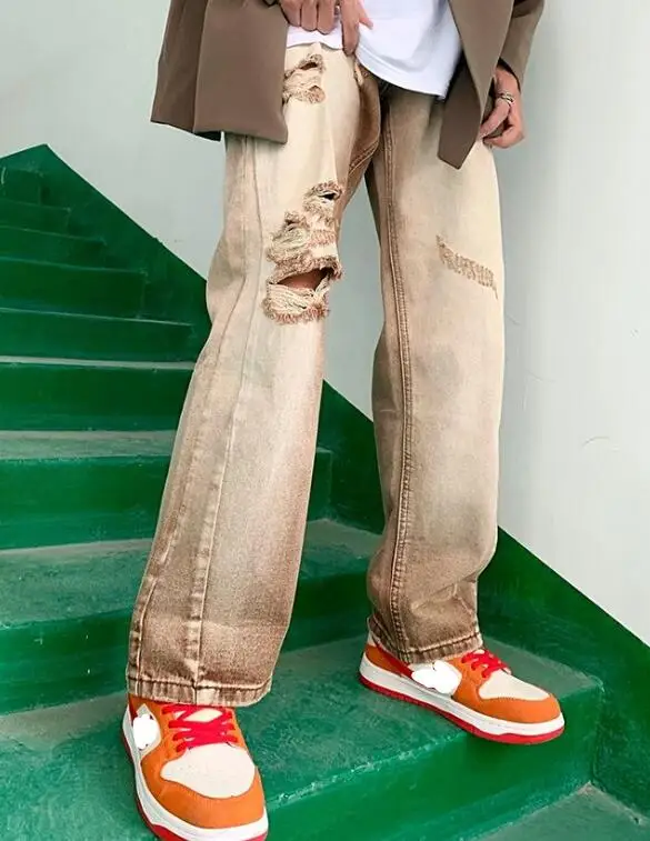 Gradient Color Washed Coffee Color Ripped Jeans Men Tide Brand Retro Brown Hollow Straight-Leg Pants