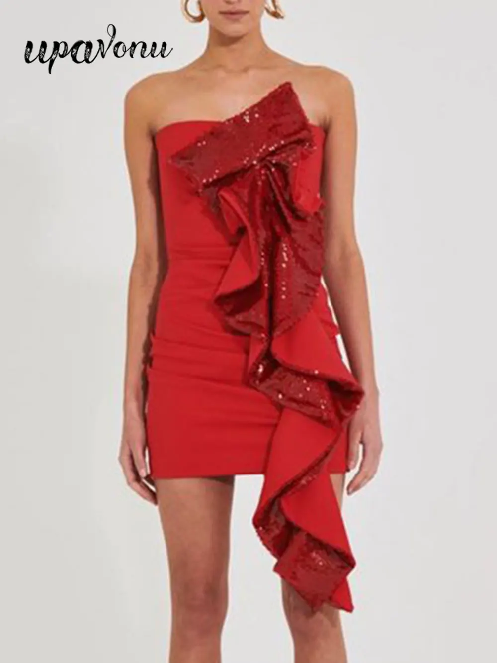 2024 сексуальное женское красное драпированное блестящее легкое роскошное платье