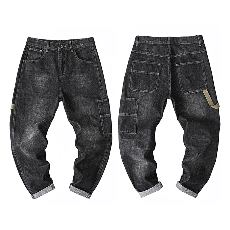 Streetwear Fashion Men Jeans Black Gray Multi Pockets Casual Denim Cargo Pants Hombre Hip Hop Loose Jeans Men Wide Leg Trousers