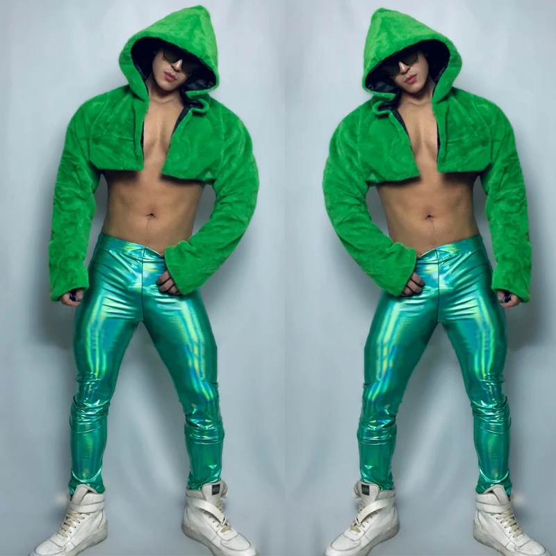 

Green Fur Hoodie Coat Laser Pants Male Sexy Pole Dance Clothing Nightclub Bar Dj Ds Gogo Dancer Costume Rave Outfit XS5441