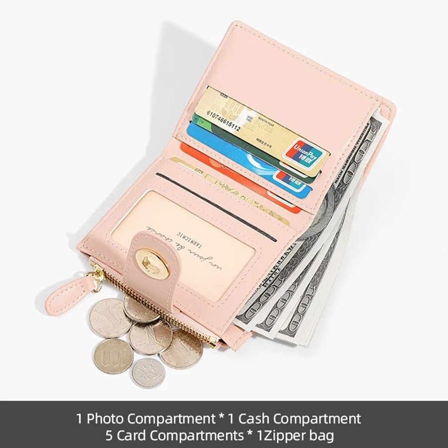 

Japanese Women's Short Wallets PU Girls Small Hasp Cute Cards Holder Zipper Coin Purse Student Minimalist two fold pink wallet