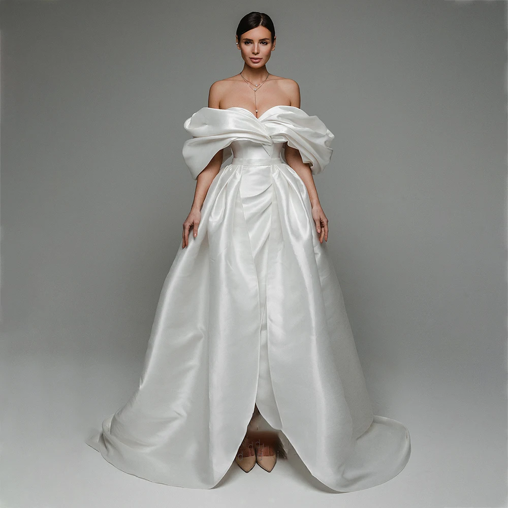 

UETEEY Simple Satin Wedding Dress Detachable Train Sweetheart Bride Gowns Lace Up Back 2022 Off Shoulder Engagement Party Gown