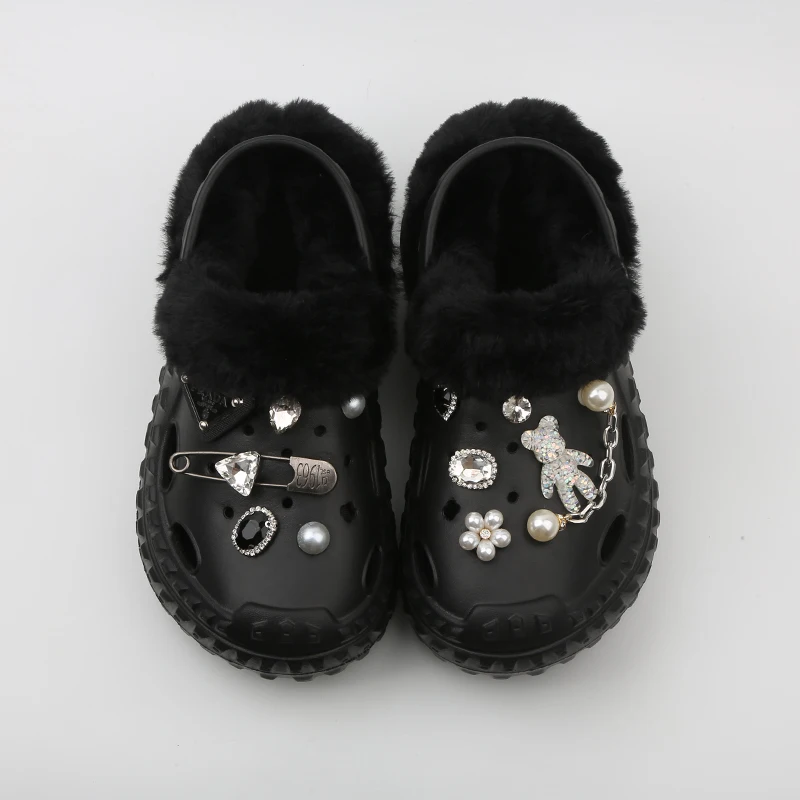 

House Slippers Platform Flat Shoes Female Winter Footwear Slides Women Heels Fur Flip Flops High Plush with fur Rubber Rome PU