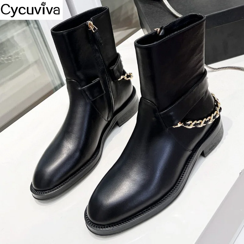 

Designer Brand Black Ankle Chelsea Boots For Women Metal Chain Decor Casual Women Short Boots Autumn Leather Flat Knight Boots