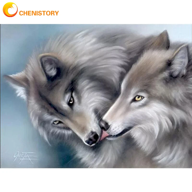 

CHENISTORY Oil Painting By Number Wolf Adults HandPainted Wall Art Animal Pictures By Numbers DIY Handworks Home Decor Kit