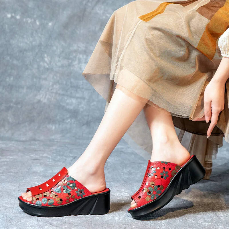 Women's Sandals Slippers Women's Clothing 2023 New Vintage National Style Genuine Leather Fishmouth Slippers Women's Clothing