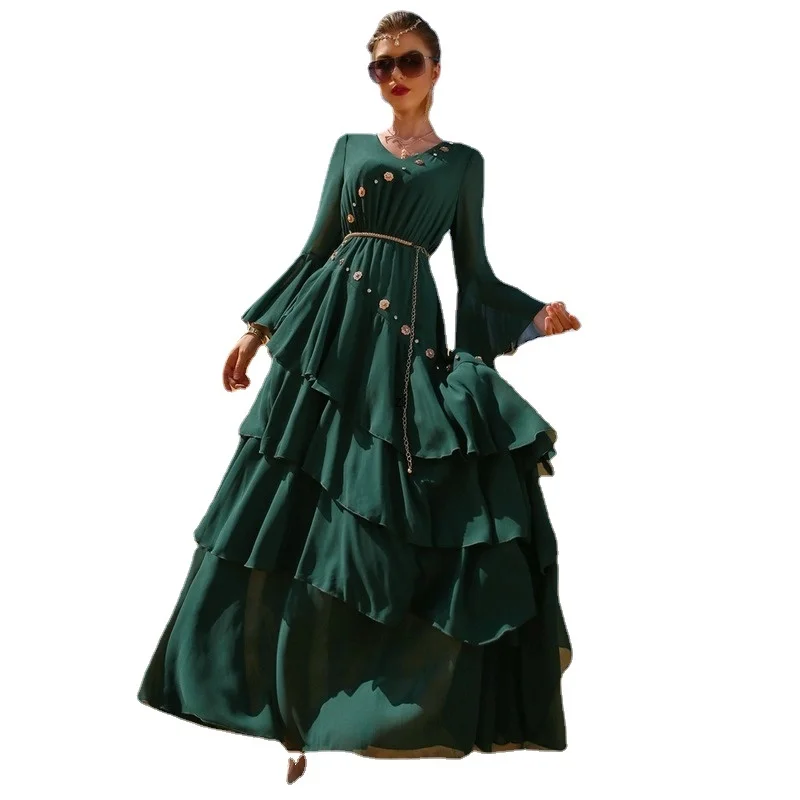 

Multi-Layered Ruffles Swing Long Dress for Women Bohemia Empire Flare Sleeve Chiffon Holiday Traval Clothes Dark Green