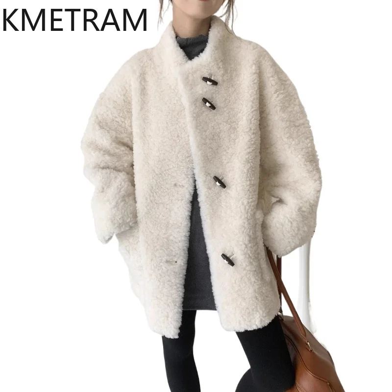 Фото Пальто KMETRAM из 100% шерсти, с воротником-стойкой, средней длины, из овчины, 80 см, свободного кроя, зимняя верхняя одежда, женская одежда 2026, куртка №1
