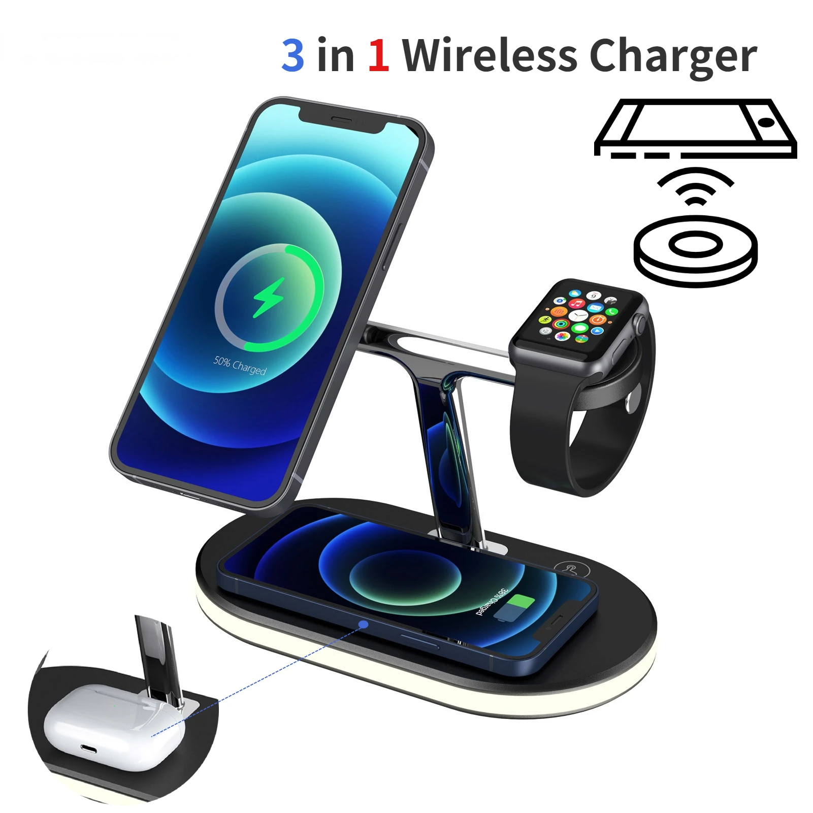 

15W 3 in 1 Wireless Charger Magnetic Charging Station for iPhone 12 Pro Max Mini Apple Watch 6 5 4 3 2 Qi Charge Dock