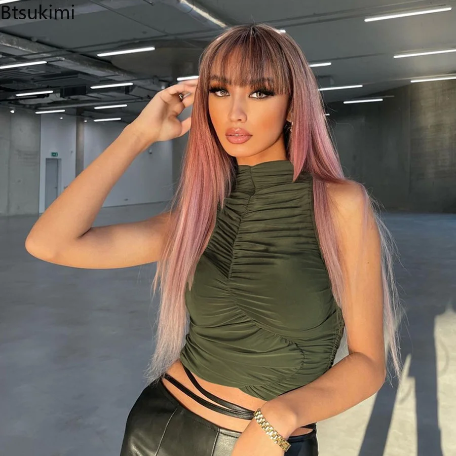 

Cropped Tank Top Women Solid Crew Neck Pleated Sexy Slim Crop Top Female Streetwear Daily Casual Simple Easy Matched Top 2022
