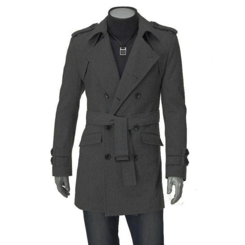 

2022 New Autumn and Winter Men's Korean Coat Fashion Trench Coat Shoulder Pin Medium Long Double Breasted Tweed Coat