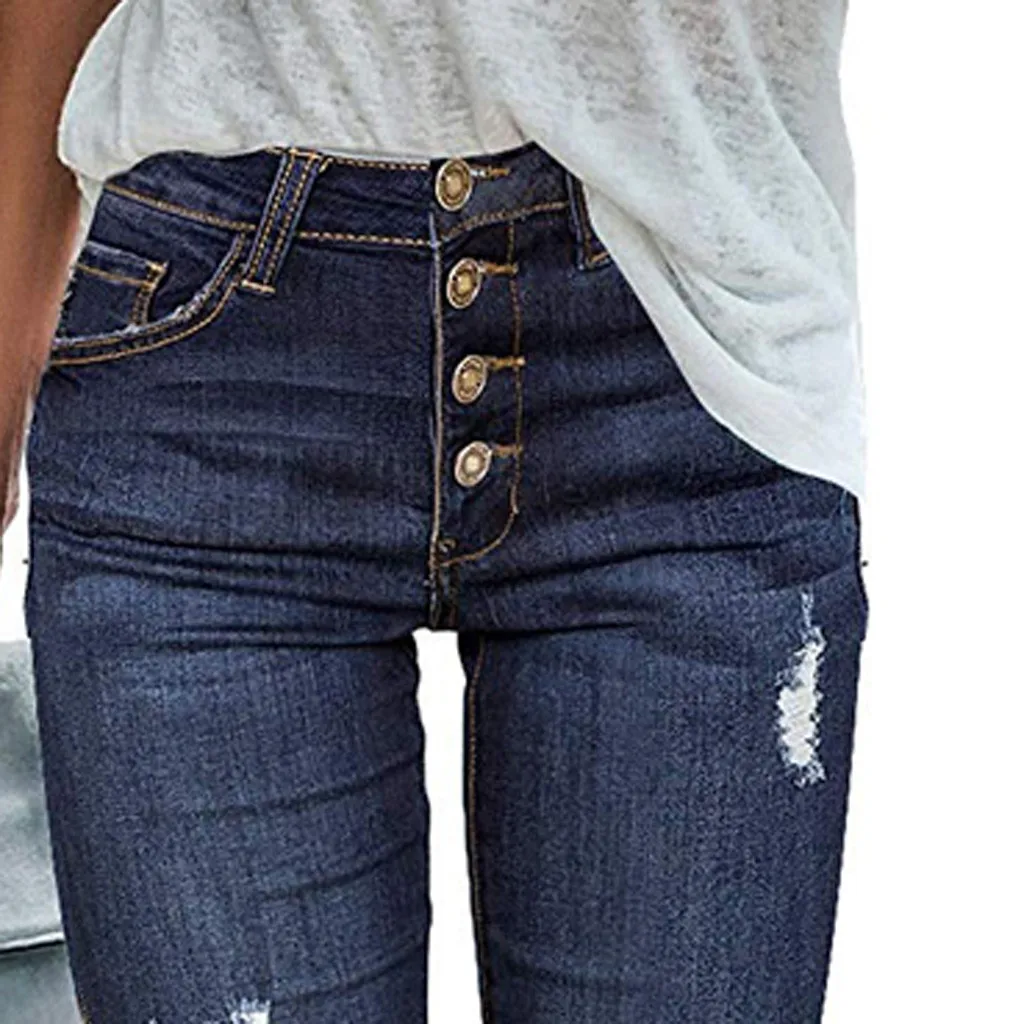 Fall Woman Jeans Buttons Fly Hole Casual Denim Jeans Female Fashion High Waist Slim Fit Solid Color Trousers Blue Pencil Jean