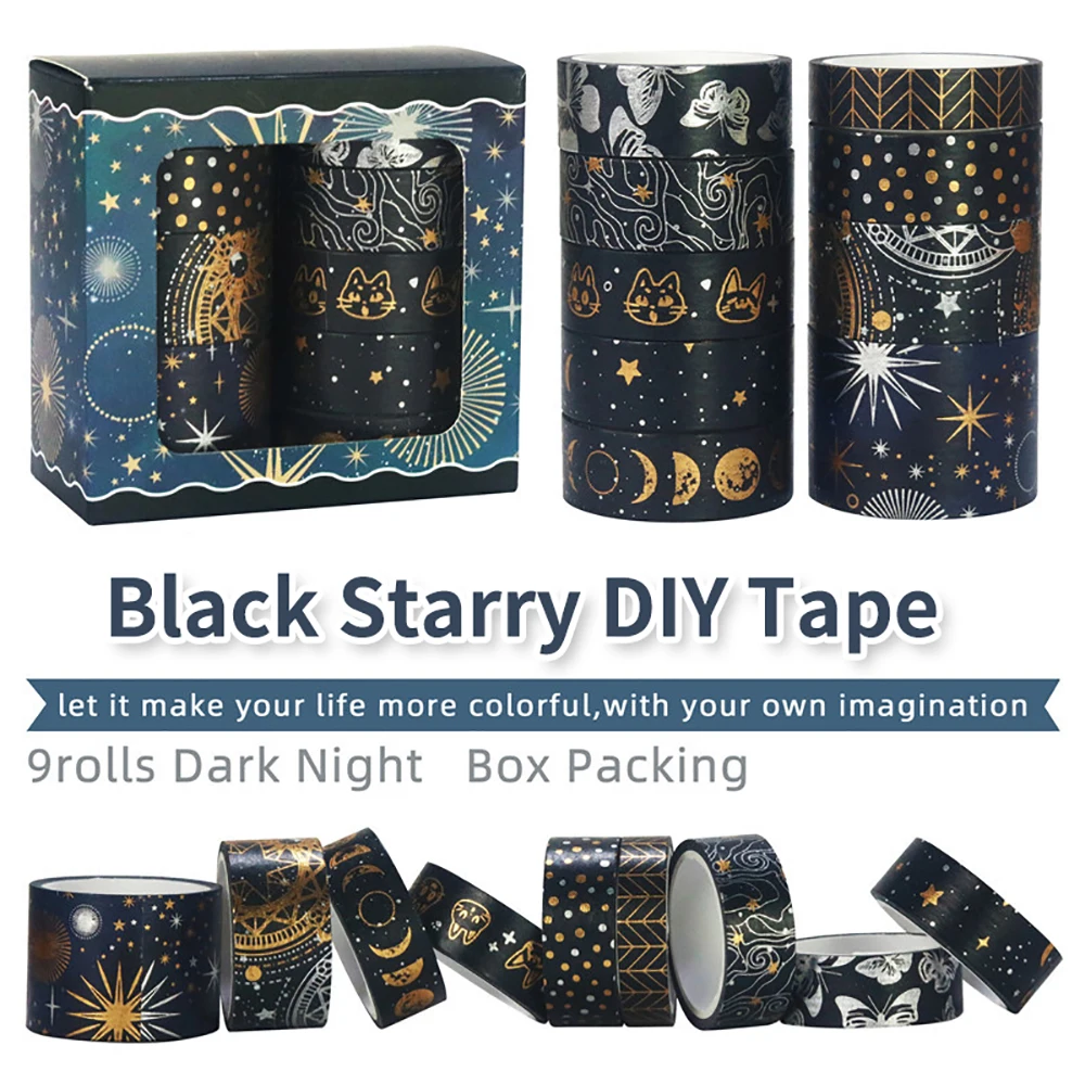 

9 Rolls/set black starry sky Foil Washi Tape Set Width Diy Masking Tape Stickers DIY School Suppliers Stationery Gift Crafts