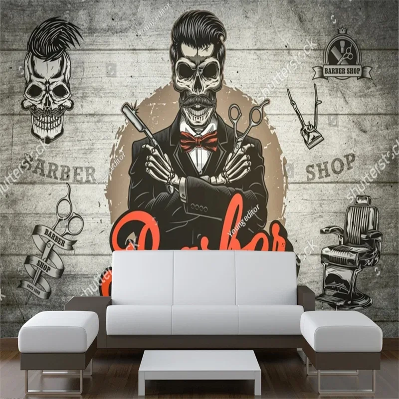 Пользовательский парикмахерский магазин 3D обои текстура череп фон фреска на