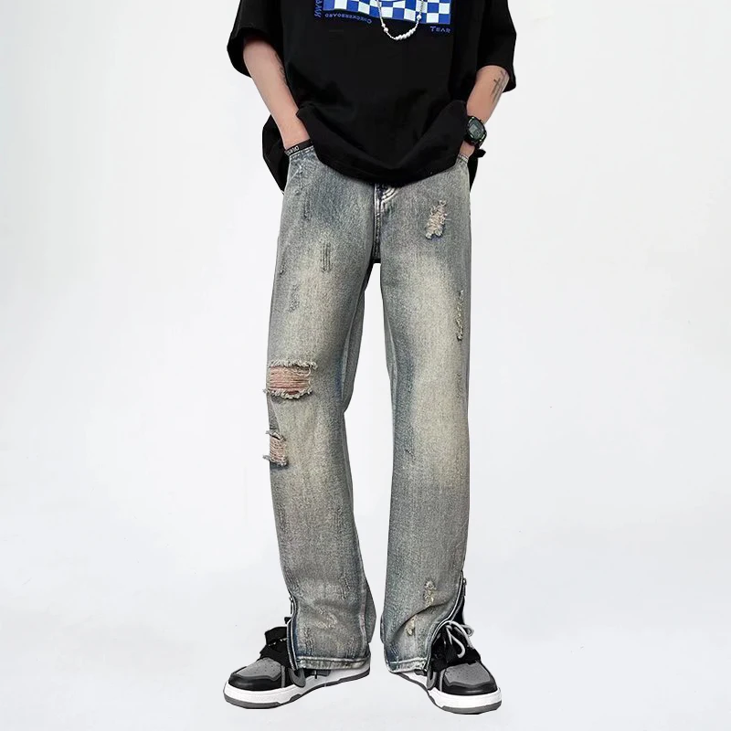 

Мужская одежда, рваные синие джинсы на молнии, мужские джинсы, уличная одежда в стиле хип-хоп, мужские джинсы в эстетике Y2k, мужские джинсы, ул...