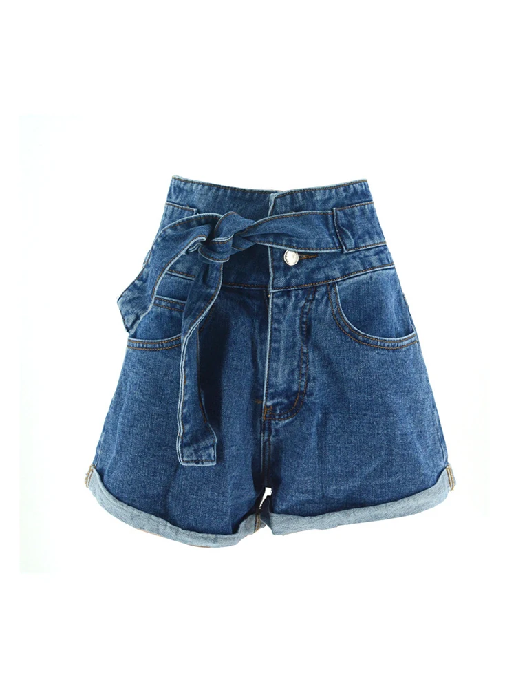 Streetwear Women High Waist Lace Up Retro Blue Denim Shorts Spring Summer Female Vintage Loose Jeans Shorts Bottoms
