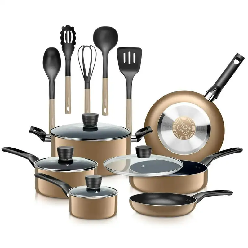 

Kitchenware Pots & Pans Basic Kitchen Cookware, Black Non-Stick Coating Inside, Heat Resistant Lacquer (15-Piece Set), One Size,
