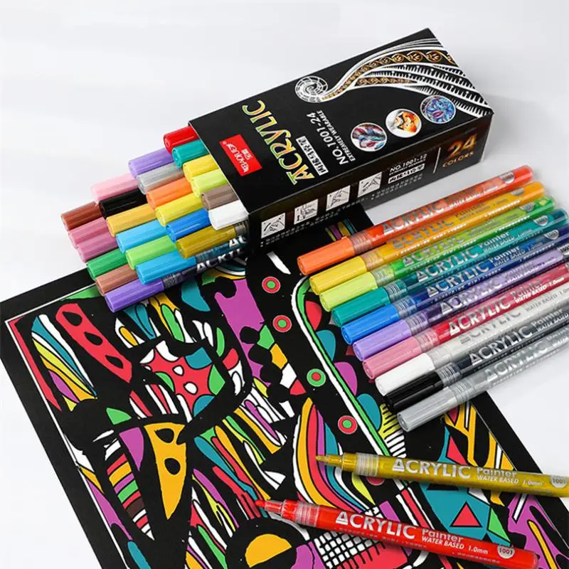 

LLD 12/24Colors Acrylic Paint Marker Pens Extra Fine and Dots Tip for Rock Painting Mug Ceramic Glass Wood Fabric Canvas Metal