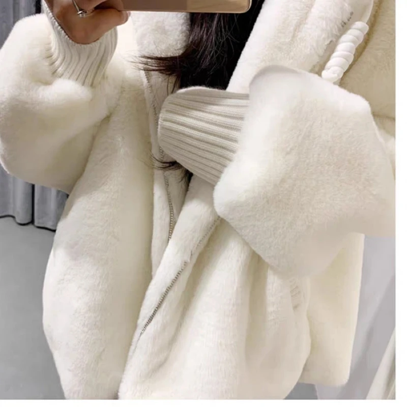Autumn Winter Loose Hooded h Jacket  Imitation Rabbit Fur Coat Youth Student White Zipper h Jacket Cardigan
