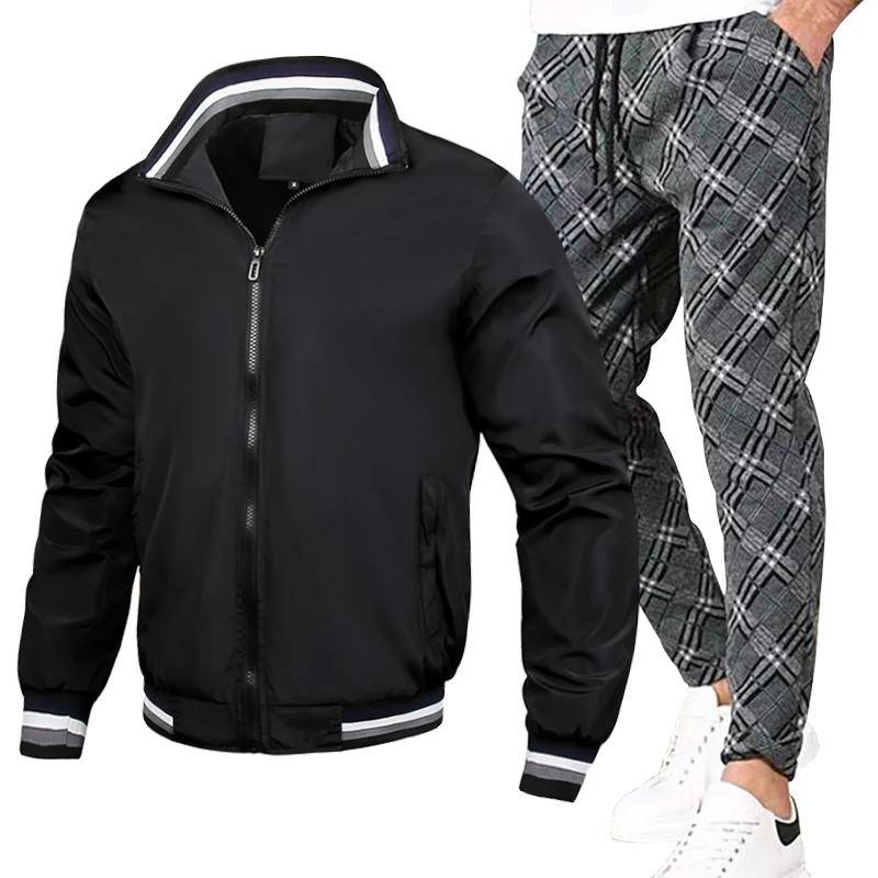 

New Men's Sportswear Spring Polyester Men's Stand Collar Jacket Zip Shirt + Camo Pants Fashion Casual Stretch Jogging Sportswear