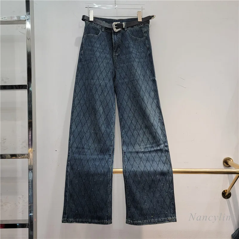 

Heavy Embroidery Hot Drilling Jeans Women's Fashionable 2024 New Spring Autumn High Waist Loose and Slimming Wide Leg Pants