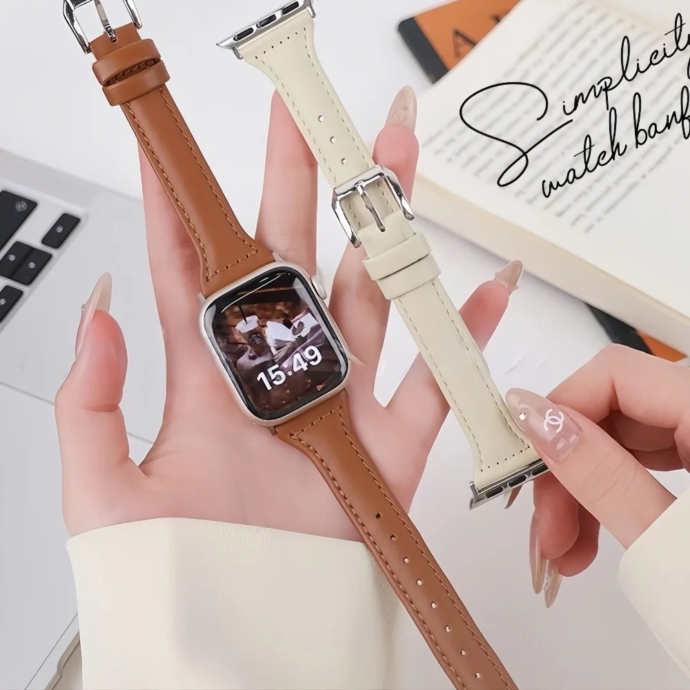 Фото Кожаный тонкий ремешок для IWatch для умных часов Apple, 22/38/40/41/42/44/45/46/49 мм, браслет iWatch, распродажа Black Friday №2
