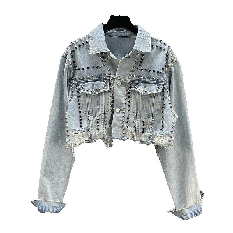 

Riveted Denim Short Jacket Women Clothes Spring And Autumn 2023 New Slim European With Diamond Inlay Female Coat