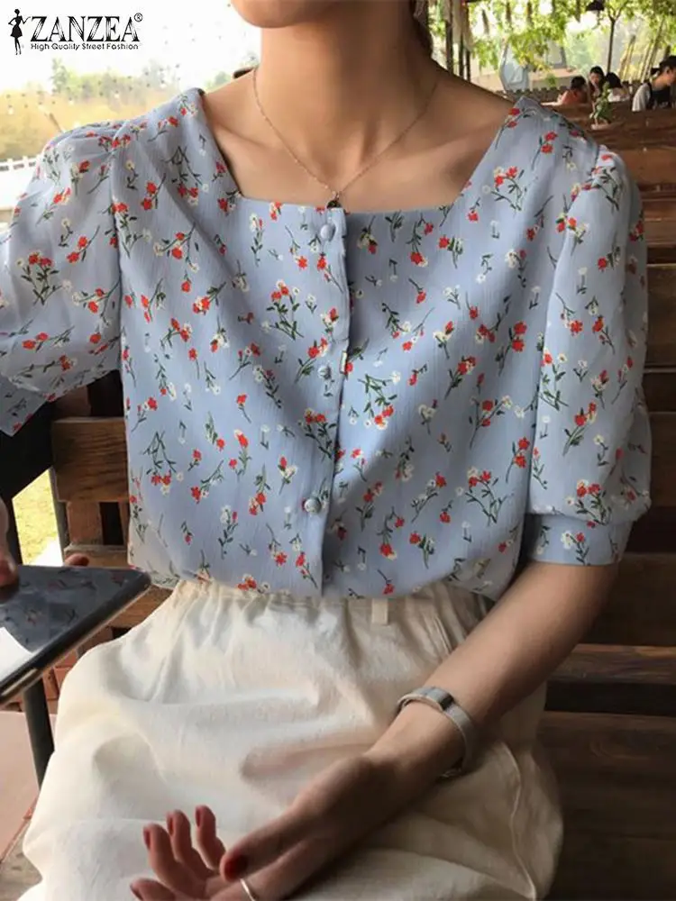

2022 Summer Holiday Elegant Blouse Women Fashion Floral Printed Tops ZANZEA Square Collar Camisas Lady Casual Short Sleeve Shirt
