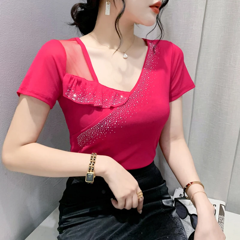 

Women's T-Shirt New 2023 Summer Short Sleeved Hot Diamond Mesh Tops Fashion Casual High Strecth Blusas