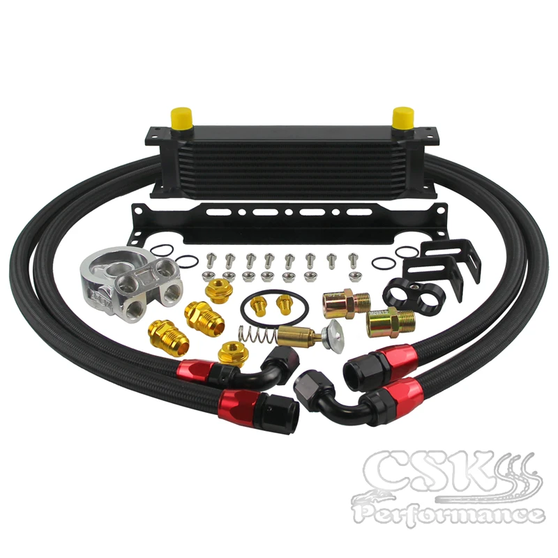 10 Row Engine Oil Cooler w/ Thermostat 80 Deg Filter Adapter Kit Silver / Black |