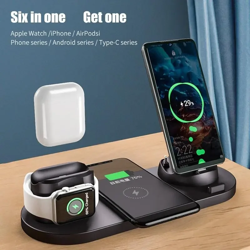 

6 in 1 Wireless Charger Dock Station For iPhone Android Type-C USB Phones 10W Qi Fast Charging For Apple Watch AirPods Pro