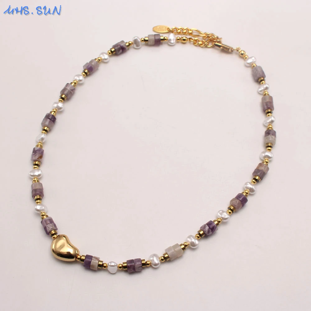 

MHS.SUN Cylinder Natural Stone Beads Choker Heart Shape Stainless Steel Pendant Necklace For Women Ladies Stackable Jewelry
