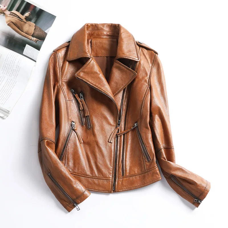 Lady Sheepskin Leather Jackets Fashion Solid Motorcycle Real Leather Coats Zipper Soft Bomber Jackets 2022 Spring Autumn CL4015