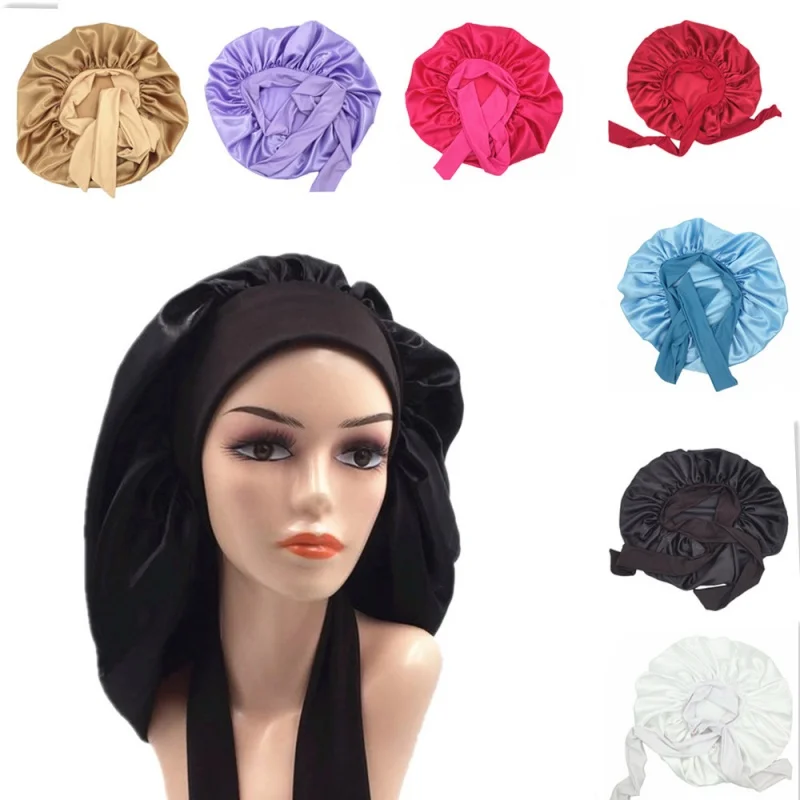 

2023 New Large Satin Shower Cap High Elasticity Nightcap Strap Solid Color Shower Cap Female Hair Care